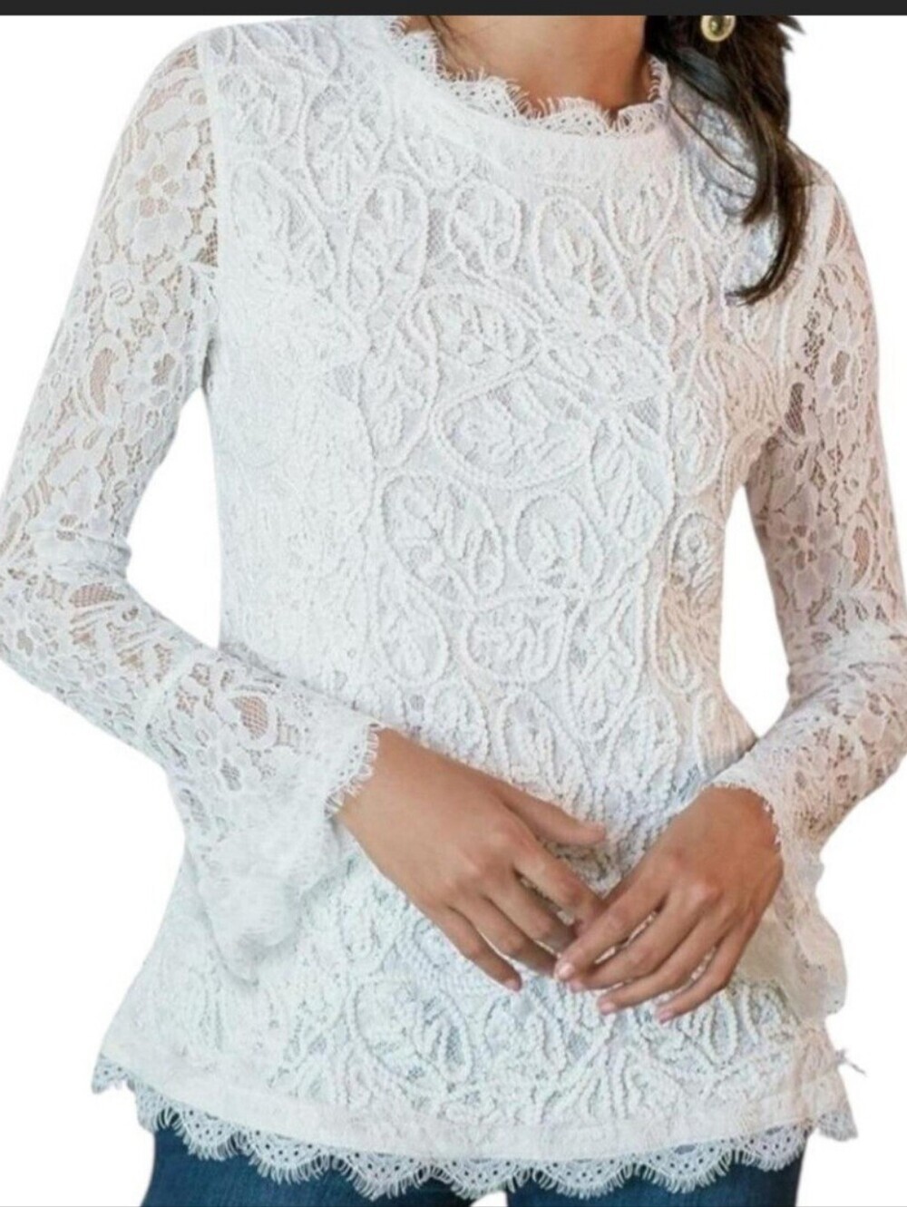 Soft Surroundings White Lace Long-Sleeve Crochet Top Bell Sleeves Boho Fairy